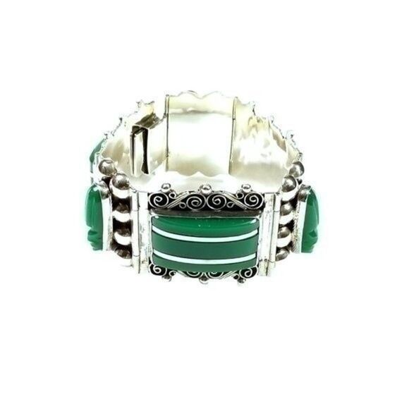 Vintage Sterling Mexico Silver & Jade Bracelet - Picture 5 of 7